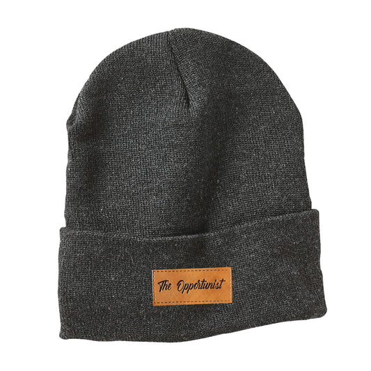 Opportunist Leather Patch on a Sherpa Lined Grey Beanie