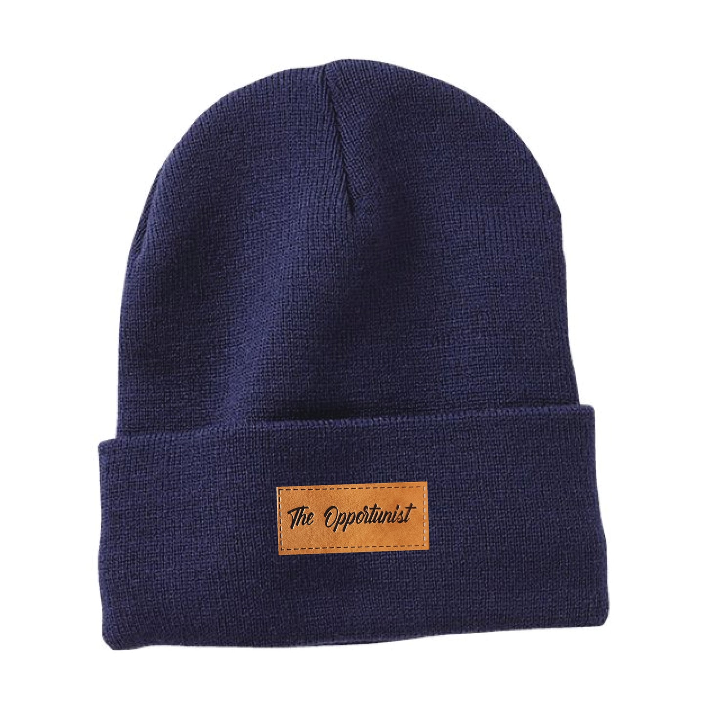 Opportunist Leather Patch on a Sherpa Lined Navy Beanie